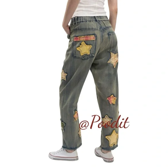 BLUE VELVET patchwork embroidery relaxed fit fray hem washed out jeans sz MEDIUM - Picture 5 of 14